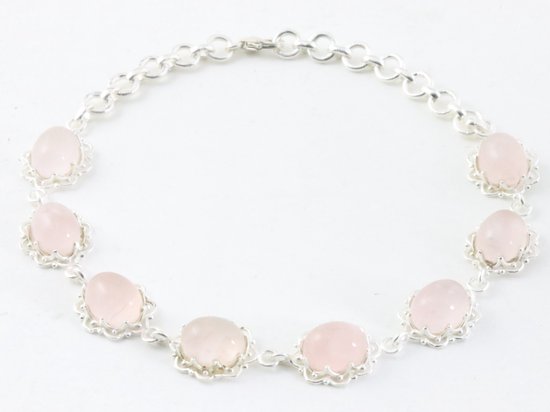 Bewerkte zilveren armband met rozenkwarts afbeelding 1