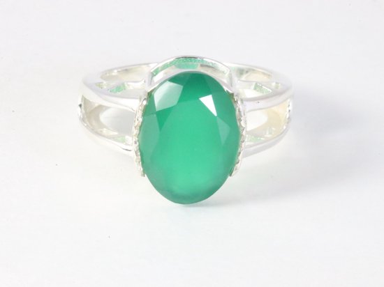 Opengewerkte hoogglans zilveren ring met groene onyx afbeelding 4