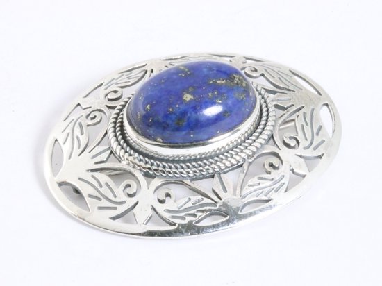 Grote opengewerkte zilveren broche met lapis lazuli afbeelding 2