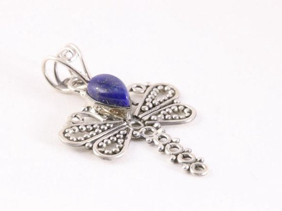 Opengewerkte zilveren libelle hanger met lapis lazuli afbeelding 2