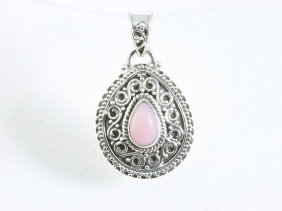 Bewerkte druppelvormige zilveren hanger met roze opaal afbeelding 4