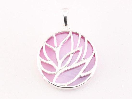 Ronde zilveren lotus hanger op roze parelmoer afbeelding 1