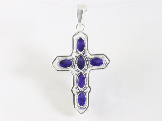Zilveren kruishanger met blauwe saffier afbeelding 3