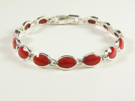 Zilveren schakelarmband met rode koraal steen afbeelding 1