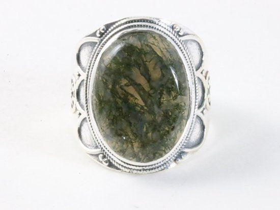 Bewerkte zilveren ring met mosagaat afbeelding 3