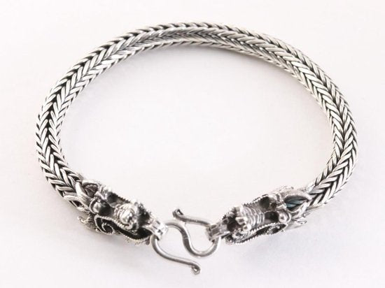 Zware zilveren snake armband met drakenkoppen afbeelding 3