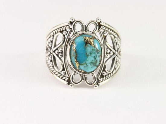 Opengewerkte zilveren ring met blauwe koperturkoois afbeelding 4