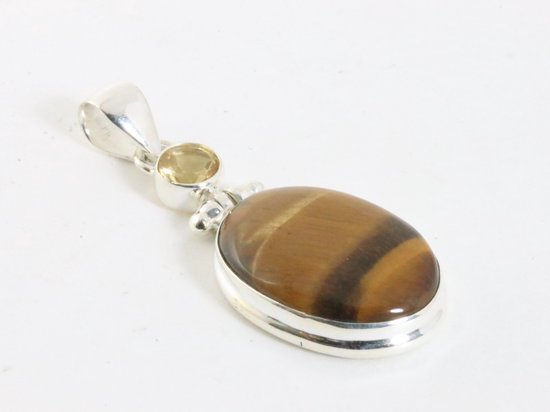 Zilveren hanger met tijgeroog en citrien aan ketting afbeelding 2