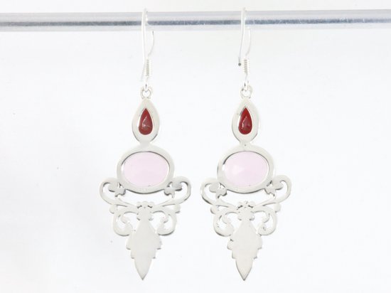 Lange zilveren oorbellen met rozenkwarts en granaat afbeelding 3
