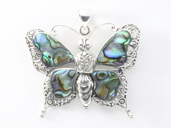 Grote zilveren vlinder hanger met abalone schelp afbeelding 4