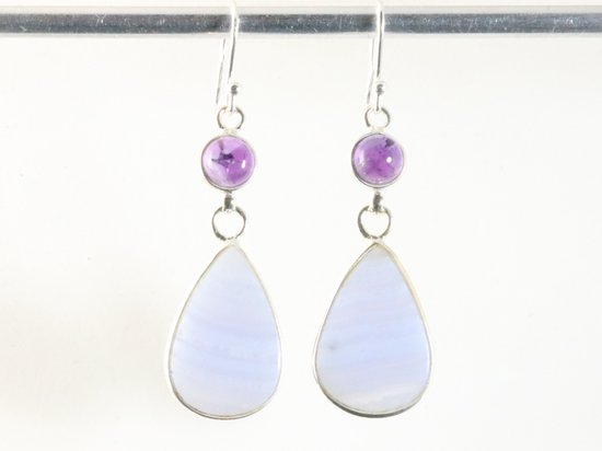 Lange zilveren oorbellen met blauwe lace agaat en amethist afbeelding 2
