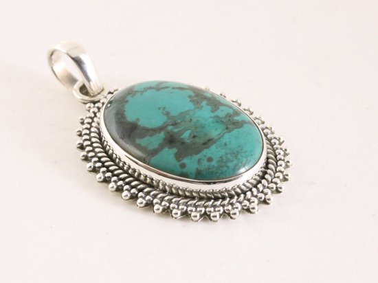 Bewerkte zilveren hanger met Tibetaanse turkoois afbeelding 2