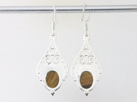 Lange opengewerkte zilveren oorbellen met tijgeroog afbeelding 2