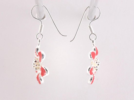 Bloemvormige zilveren oorbellen met rode emaille afbeelding 2