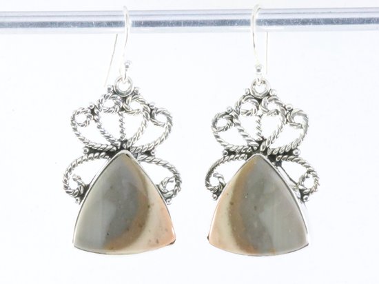 Opengewerkte zilveren oorbellen met bruine imperial jaspis afbeelding 4