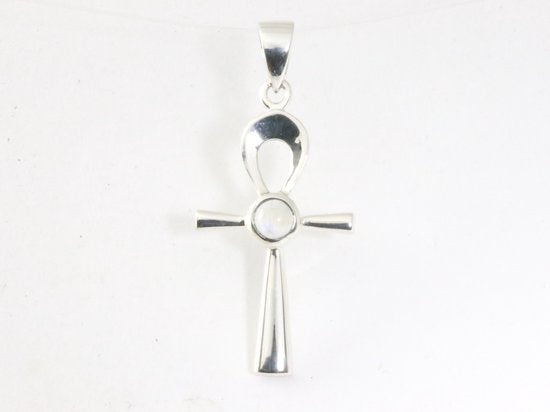 Fijne zilveren ankh hanger met regenboog maansteen afbeelding 4