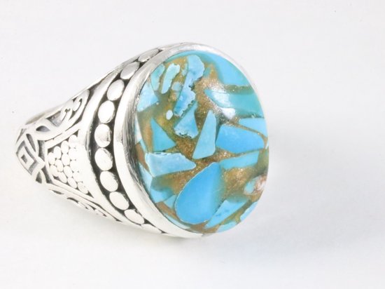 Zware bewerkte zilveren ring met blauwe turkoois afbeelding 1