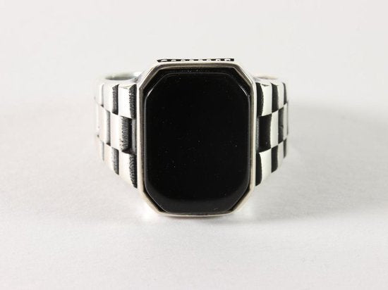 Bewerkte zilveren herenring met onyx afbeelding 4