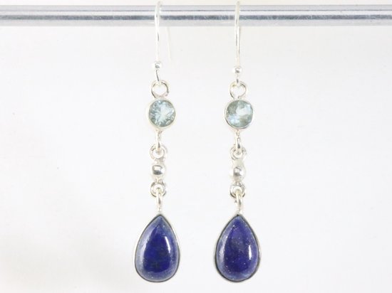 Lange zilveren oorbellen met lapis lazuli en blauwe topaas afbeelding 3