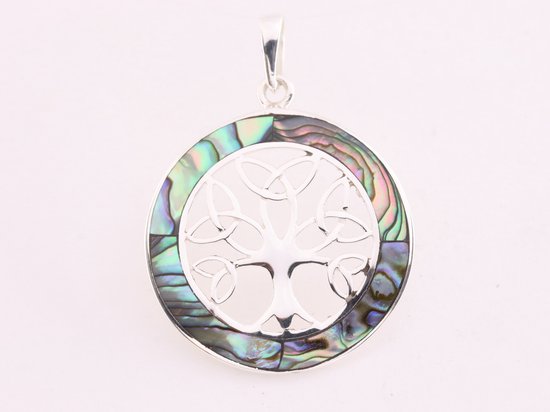 Ronde zilveren levensboom hanger met abalone schelp afbeelding 4