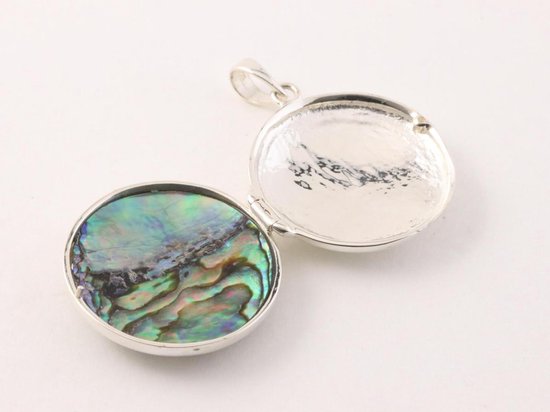 Rond opengewerkt zilveren medaillon met abalone schelp afbeelding 5