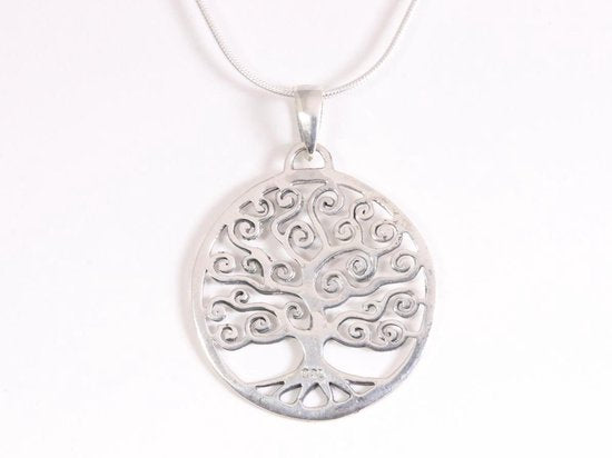 Ronde zilveren hanger met levensboom aan ketting afbeelding 3