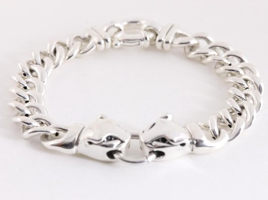 Zilveren armband met gourmet schakels en tijgerkoppen afbeelding 1