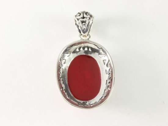 Opengewerkte zilveren hanger met rode koraal steen afbeelding 3