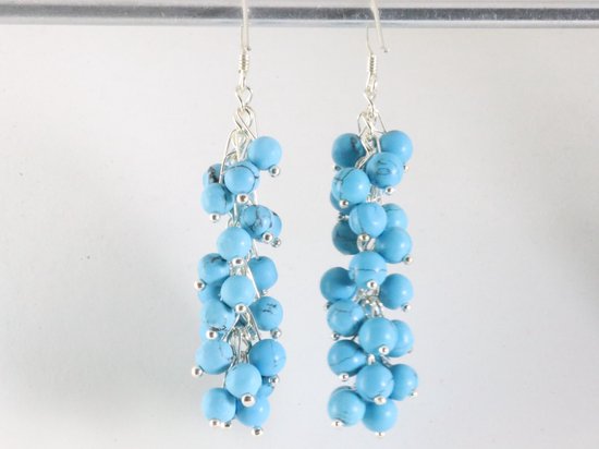 Lange trosvormige zilveren oorbellen met blauwe turkoois afbeelding 2