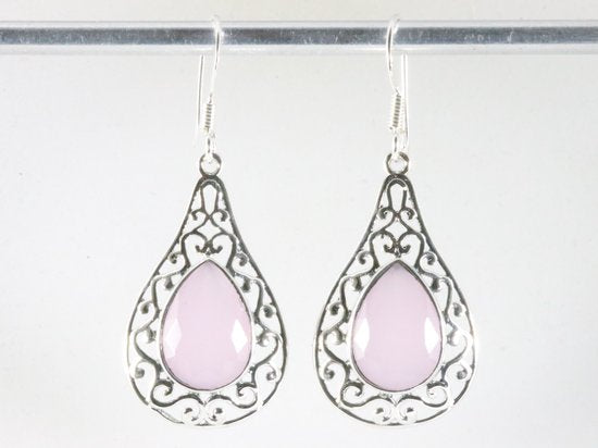 Opengewerkte zilveren oorbellen met rozenkwarts afbeelding 3