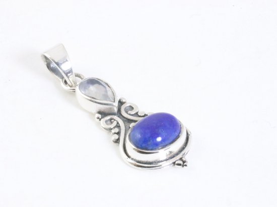 Fijne bewerkte zilveren hanger met lapis lazuli en maansteen aan ketting afbeelding 2