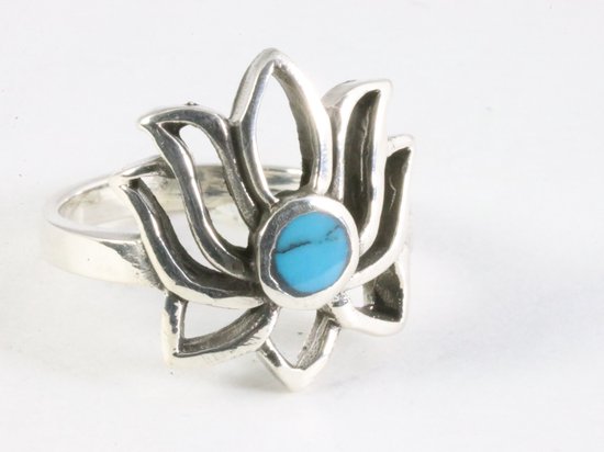 Opengewerkte zilveren lotus bloem ring met blauwe turkoois afbeelding 1