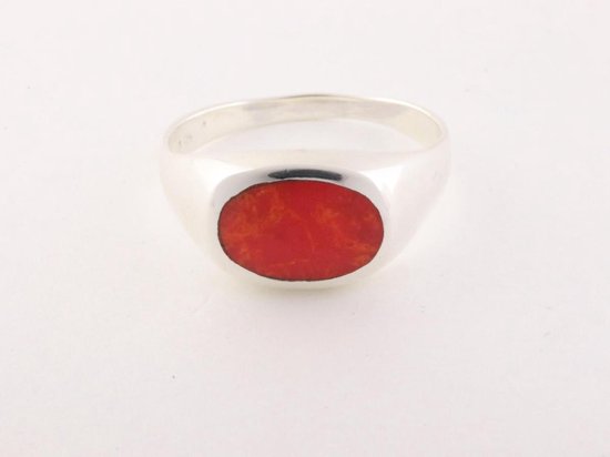 Ovale hoogglans zilveren ring met rode koraal steen afbeelding 4