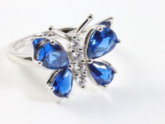 Hoogglans zilveren vlinder ring met blauwe saffier en witte topaas afbeelding 1