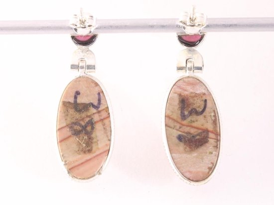 Lange zilveren oorstekers met bruine dolomiet steen en granaat afbeelding 3