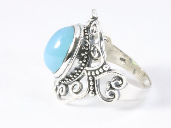 Opengewerkte zilveren ring met aqua chalcedoon afbeelding 2