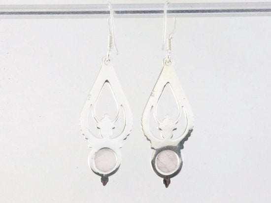 Lange opengewerkte zilveren oorbellen met rozenkwarts afbeelding 3