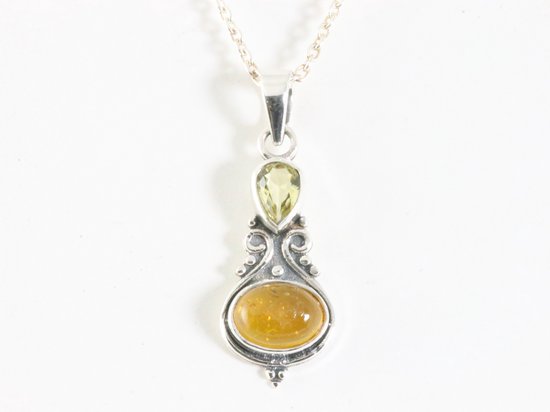 Fijne bewerkte zilveren hanger met amber en citrien aan ketting afbeelding 4