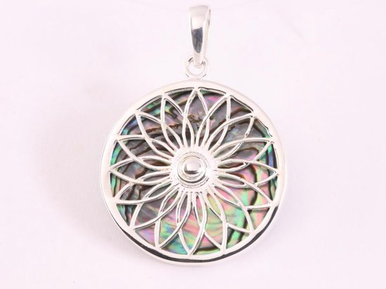 Ronde zilveren hanger met lotus bloem op abalone schelp afbeelding 4
