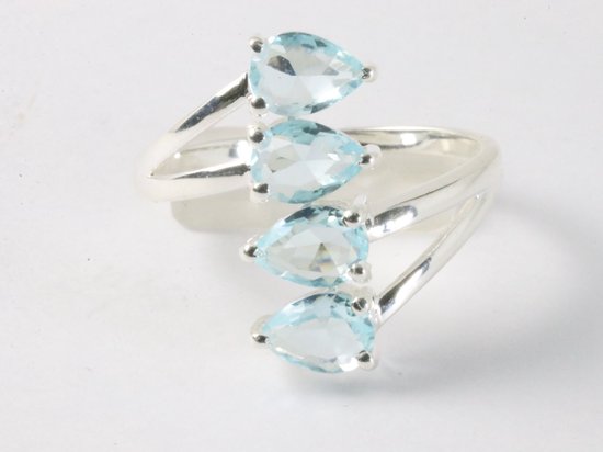 Langwerpige hoogglans zilveren ring met blauwe topaas stenen afbeelding 4