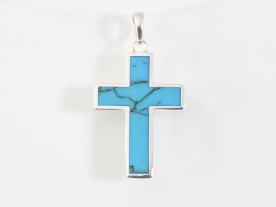 Fijne zilveren kruishanger met blauwe turkoois afbeelding 4