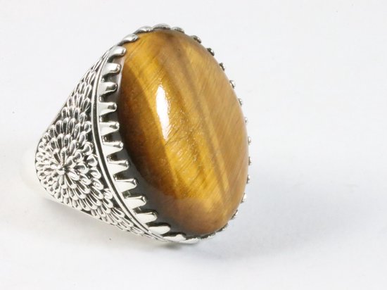 Zware bewerkte zilveren ring met tijgeroog afbeelding 1