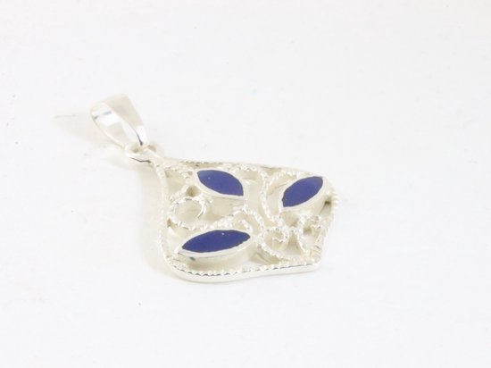 Fijne opengewerkte zilveren hanger met lapis lazuli aan ketting afbeelding 2