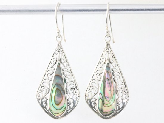 Lange opengewerkte zilveren oorbellen met abalone schelp afbeelding 3