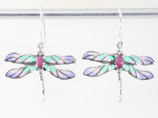 Zilveren libelle oorbellen met emaille en robijn afbeelding 3