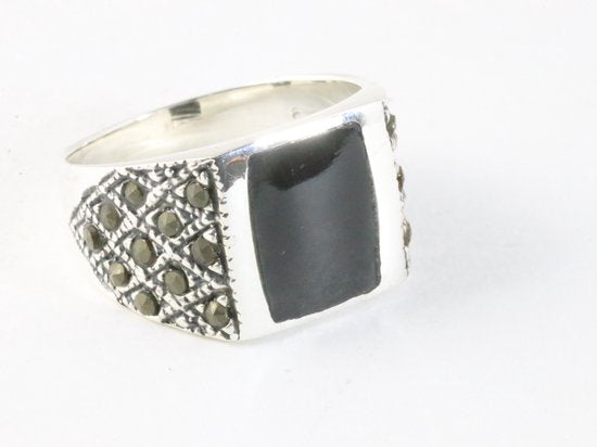 Zilveren zegelring met onyx en marcasiet afbeelding 1
