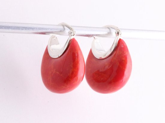 Fijne zilveren oorringen met rode koraal steen afbeelding 3