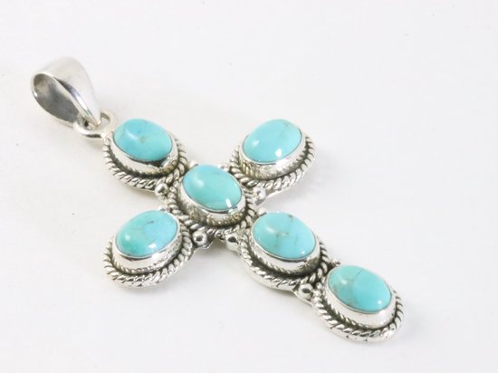 Bewerkte zilveren kruishanger met Arizona turkoois afbeelding 2