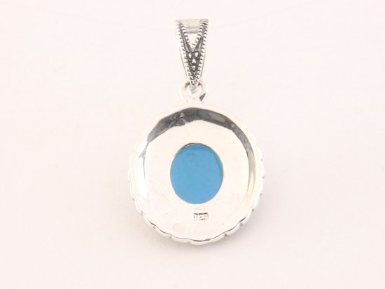 Ovale zilveren hanger met blauwe turkoois en marcasiet afbeelding 3