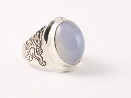 Zilveren ring met draakgravering en blauwe chalcedoon afbeelding 1
